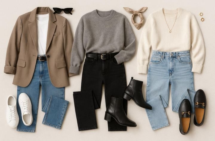 NEUTAL WINTER OUTFITS FEATURING BEIGE BLAZERS, GREYAND CREAM SWEATERS, BLUE AND BLACK JEANS, AND STYLISH OUTFITS.