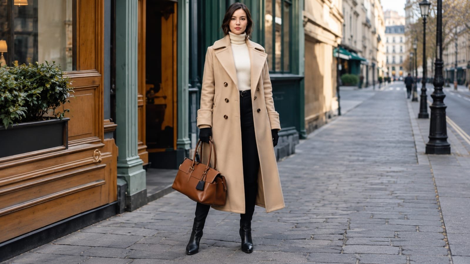 women wearing a beige long winter coat, white turtleneck sweater, black trouser, and boots for a classy winter street style look.