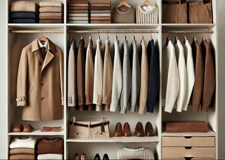 organised winter wardrobe with neutral-coloured sweaters, coats, trousers, and shoes for creating stylish outfits without buying new clothes.